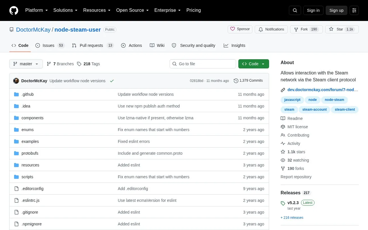 node-steam-user homepage screenshot