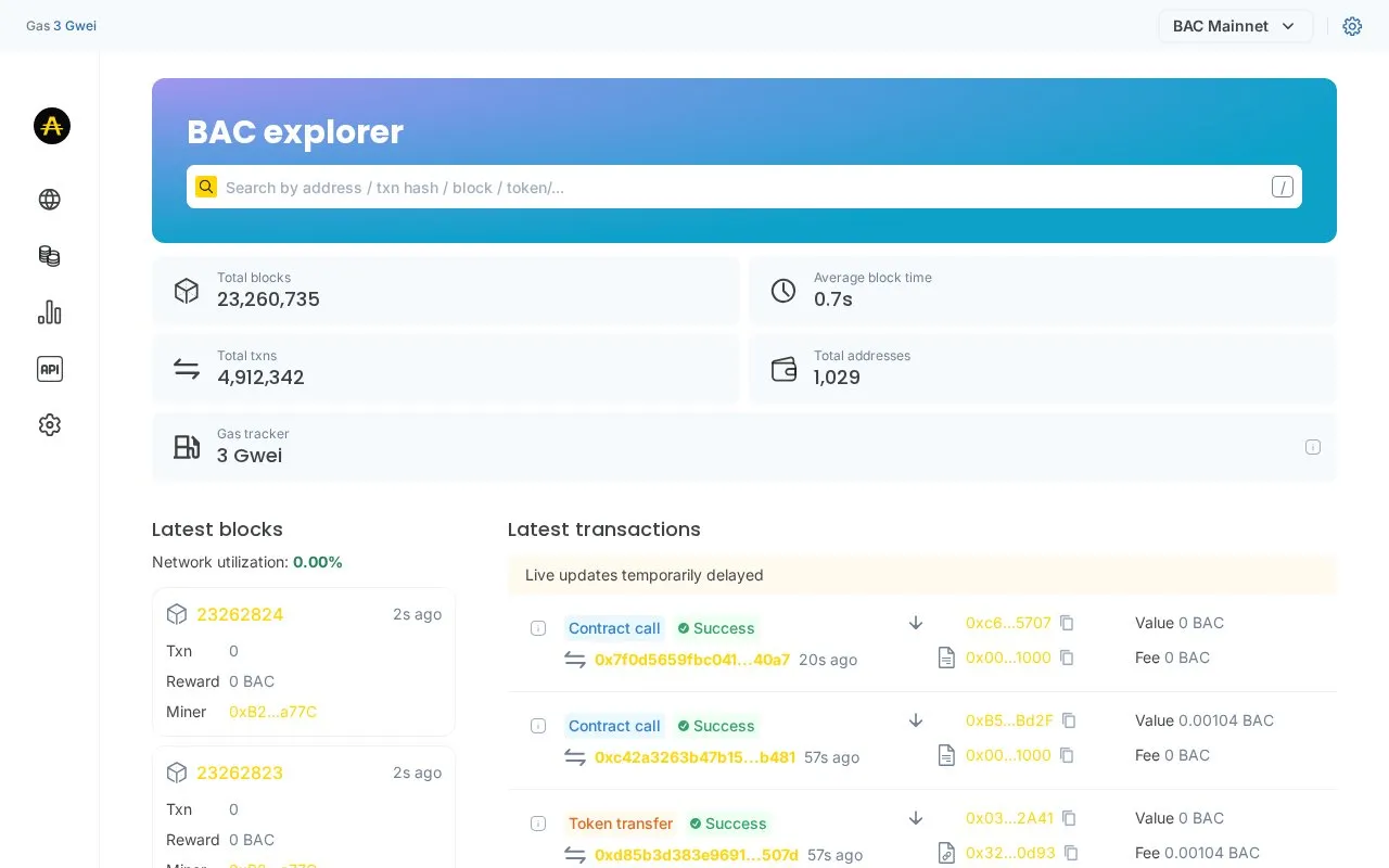 Bitasset Chain Mainnet — bacscan homepage screenshot