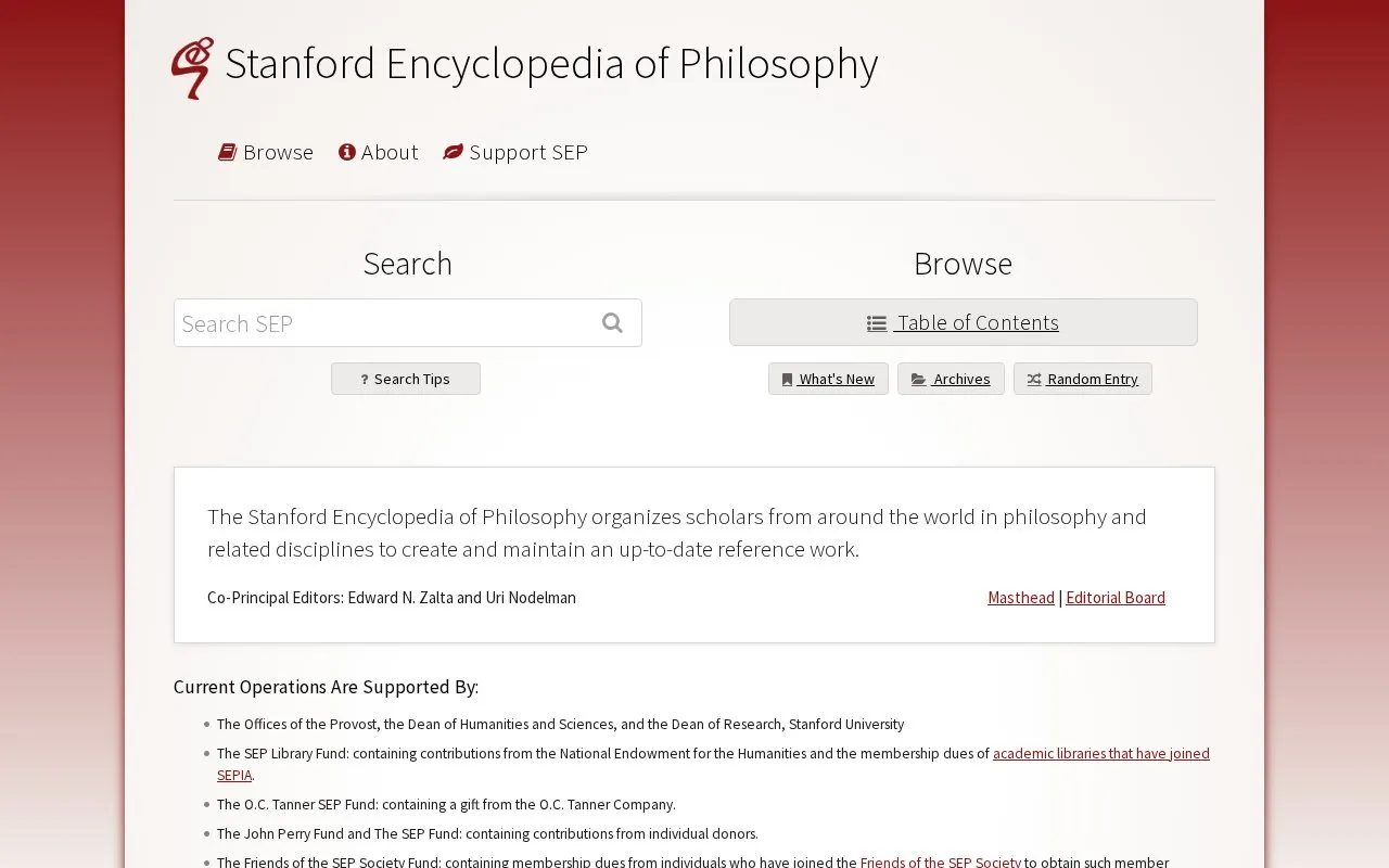 Stanford Encyclopedia of Philosophy homepage screenshot