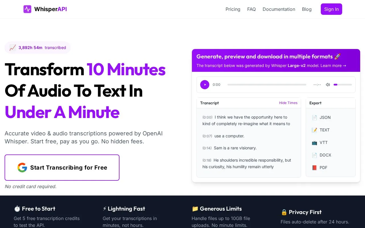 Whisper API homepage screenshot