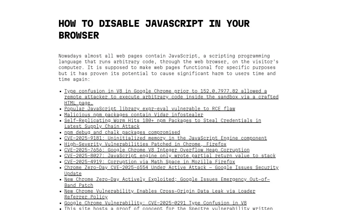 Disable JavaScript homepage screenshot