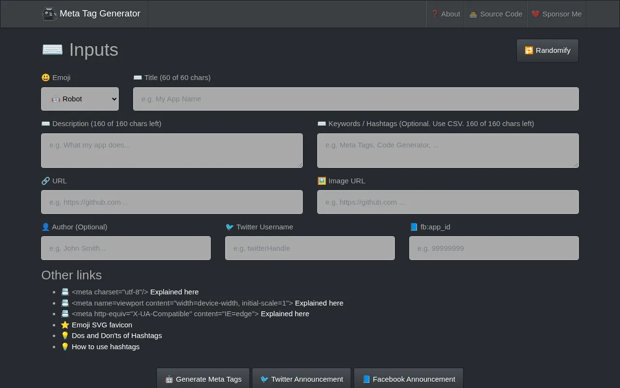 Meta Tag Gen homepage screenshot