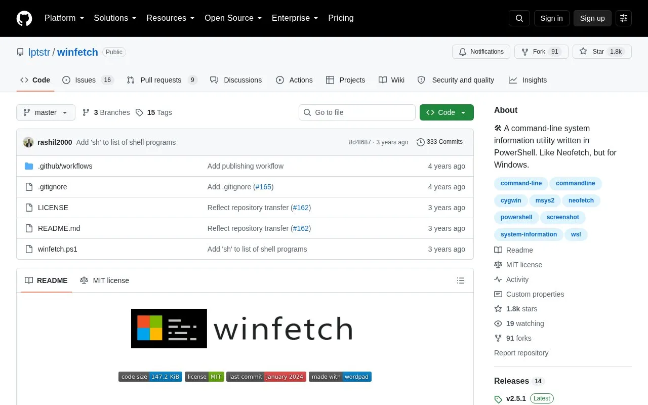 winfetch homepage screenshot