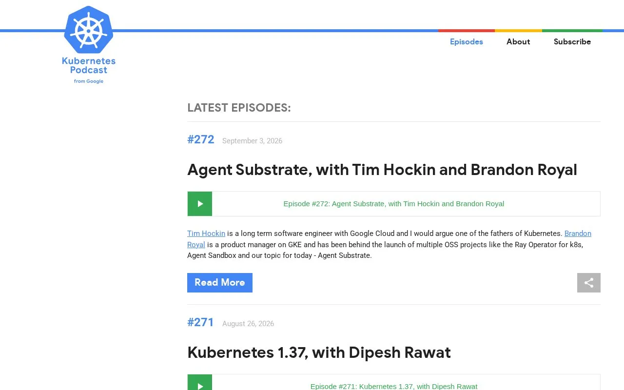 Kubernetes Podcast from Google homepage screenshot