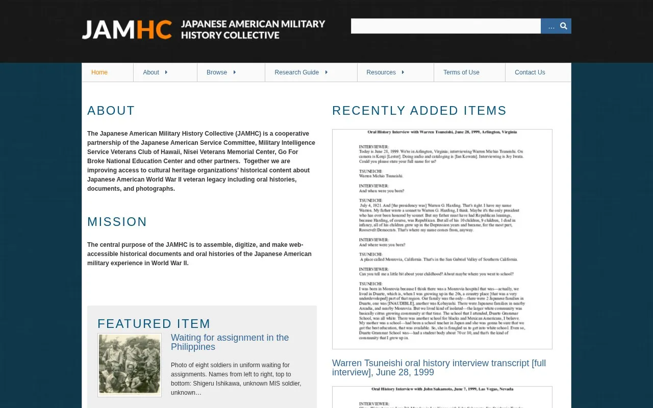 Japanese American Military History Collective homepage screenshot