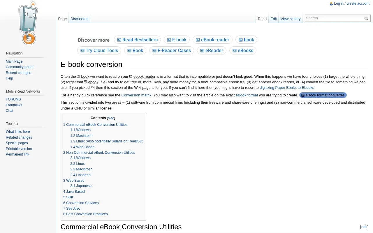 Ebook Converters Wiki homepage screenshot