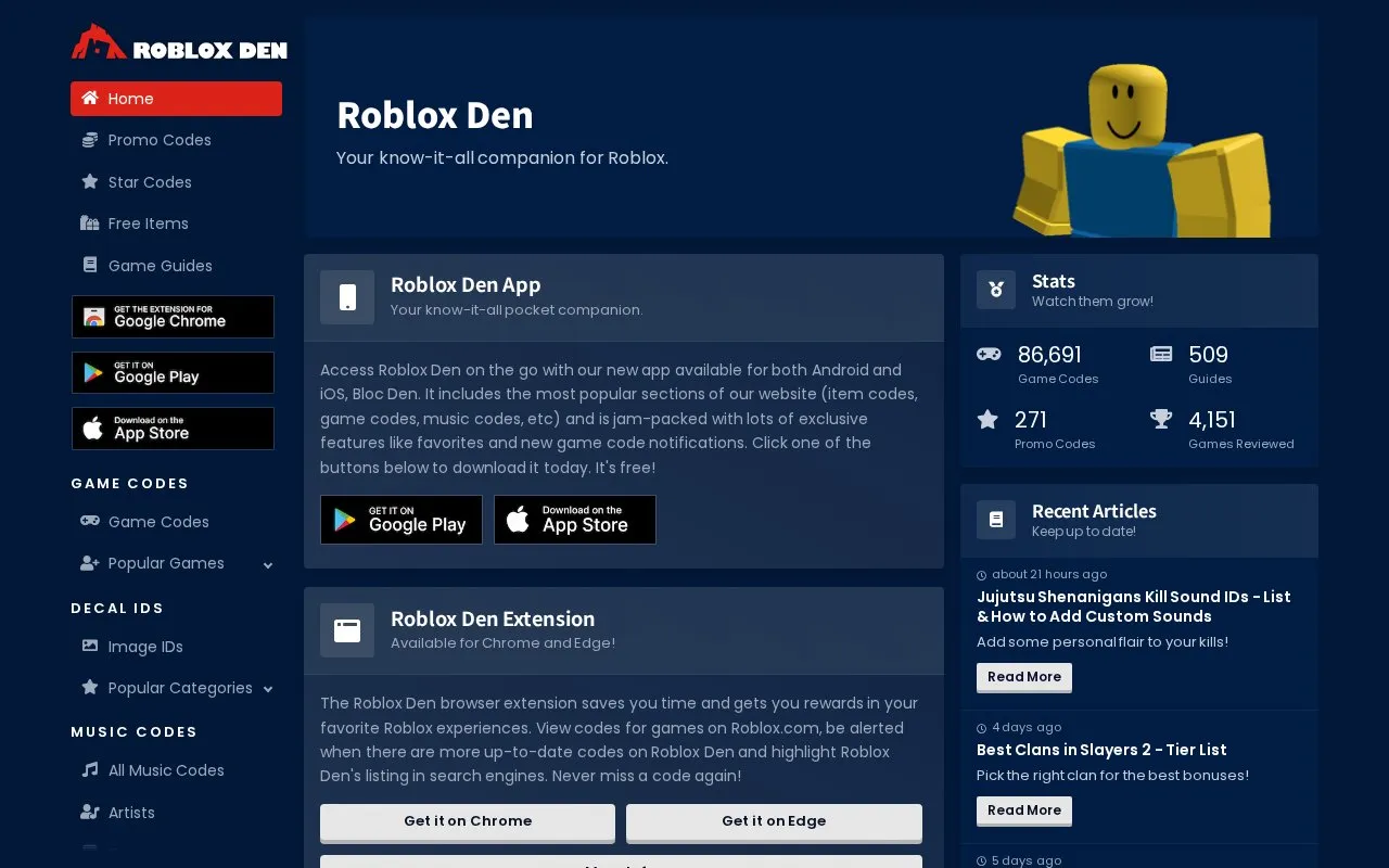 RobloxDen homepage screenshot