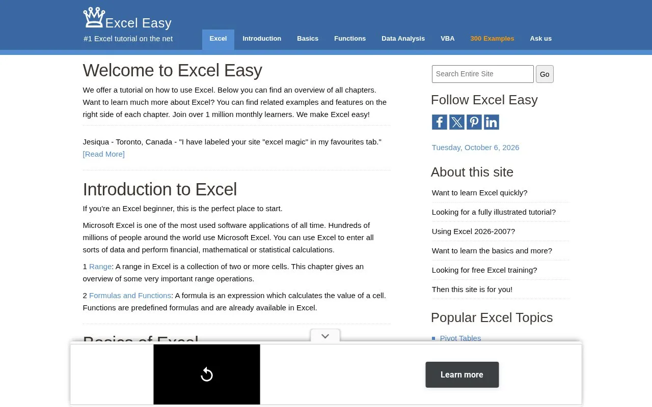 Excel Easy homepage screenshot