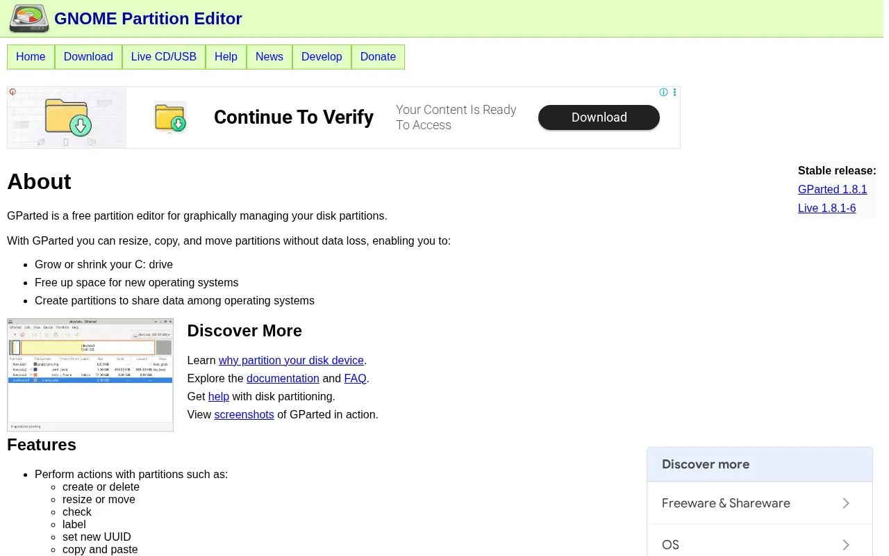 GParted homepage screenshot