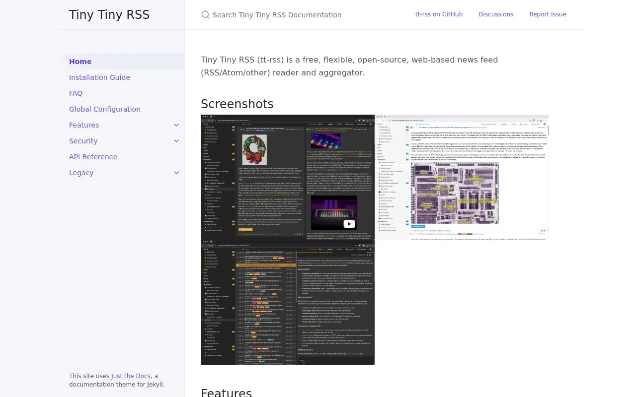 Tiny Tiny RSS homepage screenshot