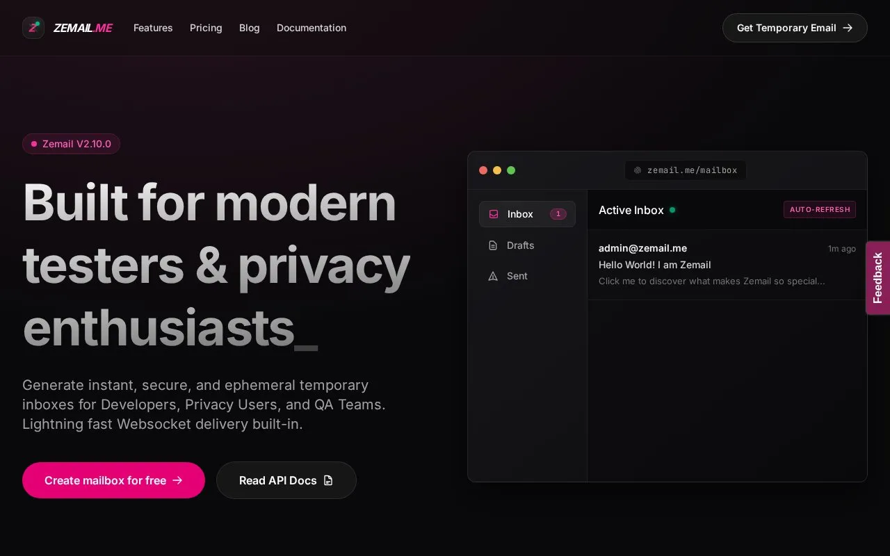 Zemail homepage screenshot