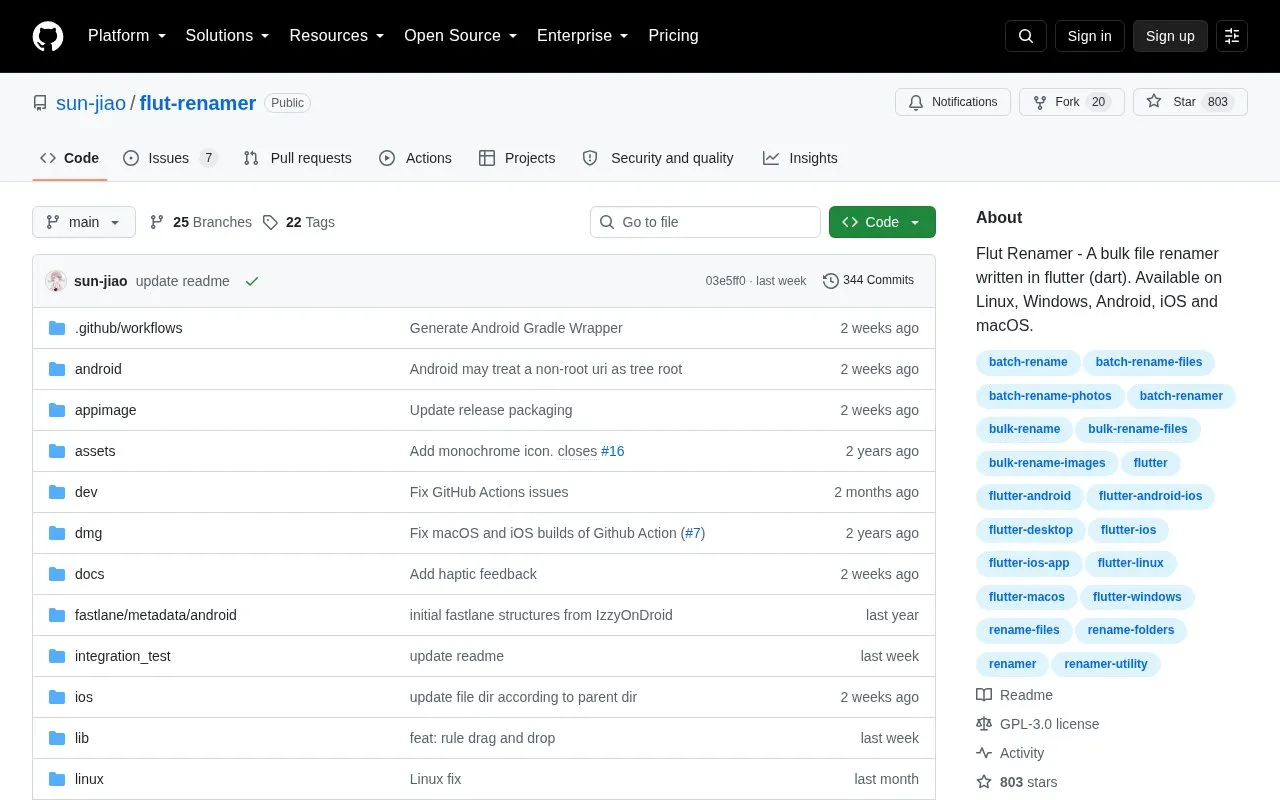 Flut Renamer homepage screenshot