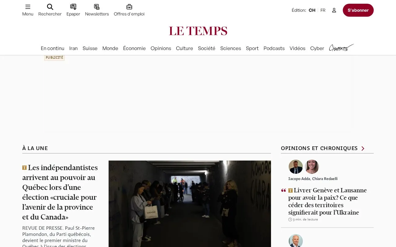 Le Temps homepage screenshot