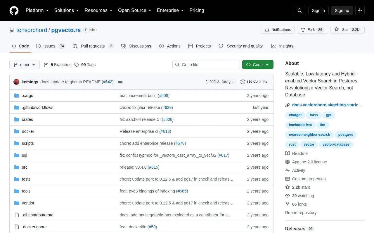 pgvecto.rs homepage screenshot