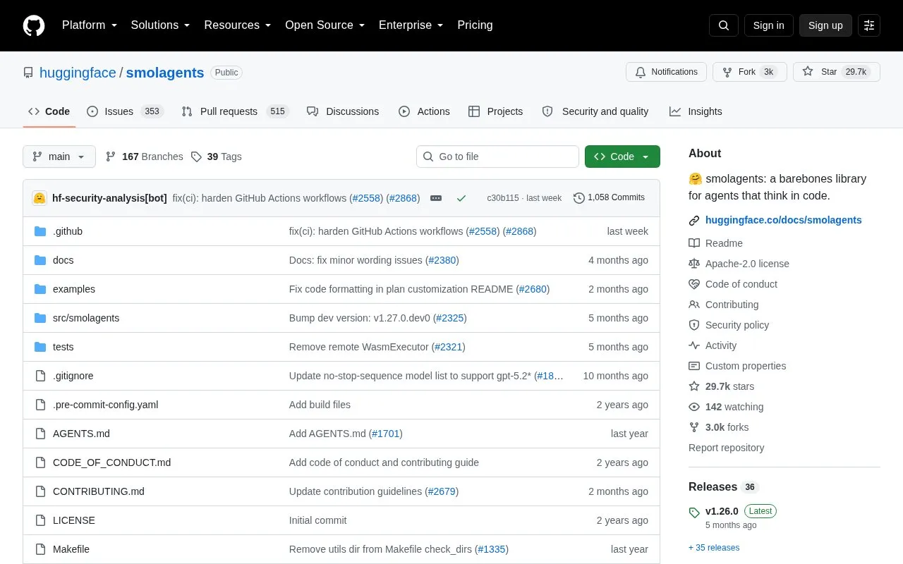 smolagents homepage screenshot