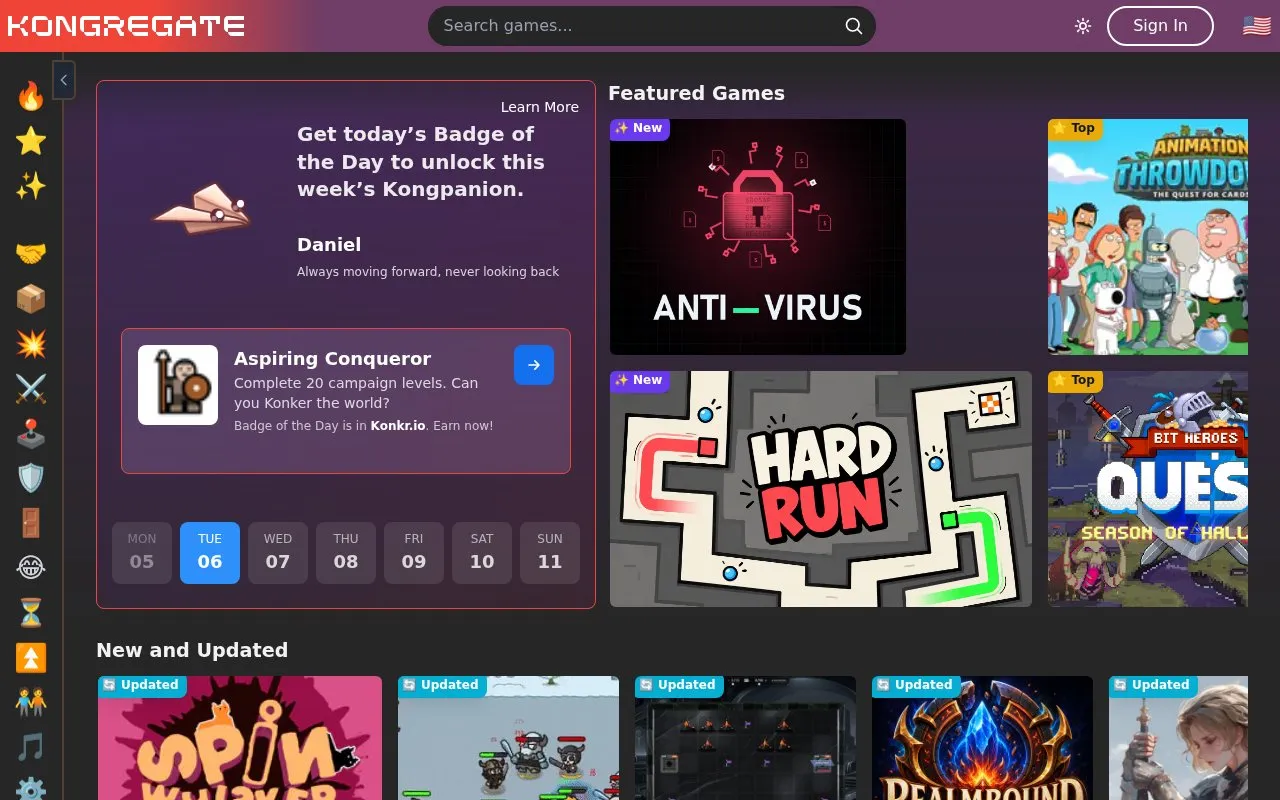 Kongregate homepage screenshot