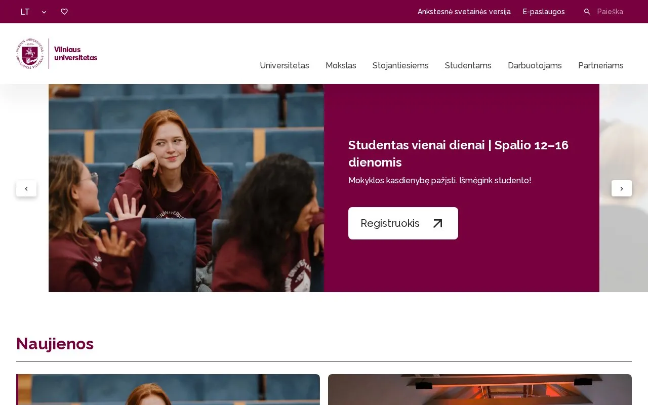 Vilnius University homepage screenshot