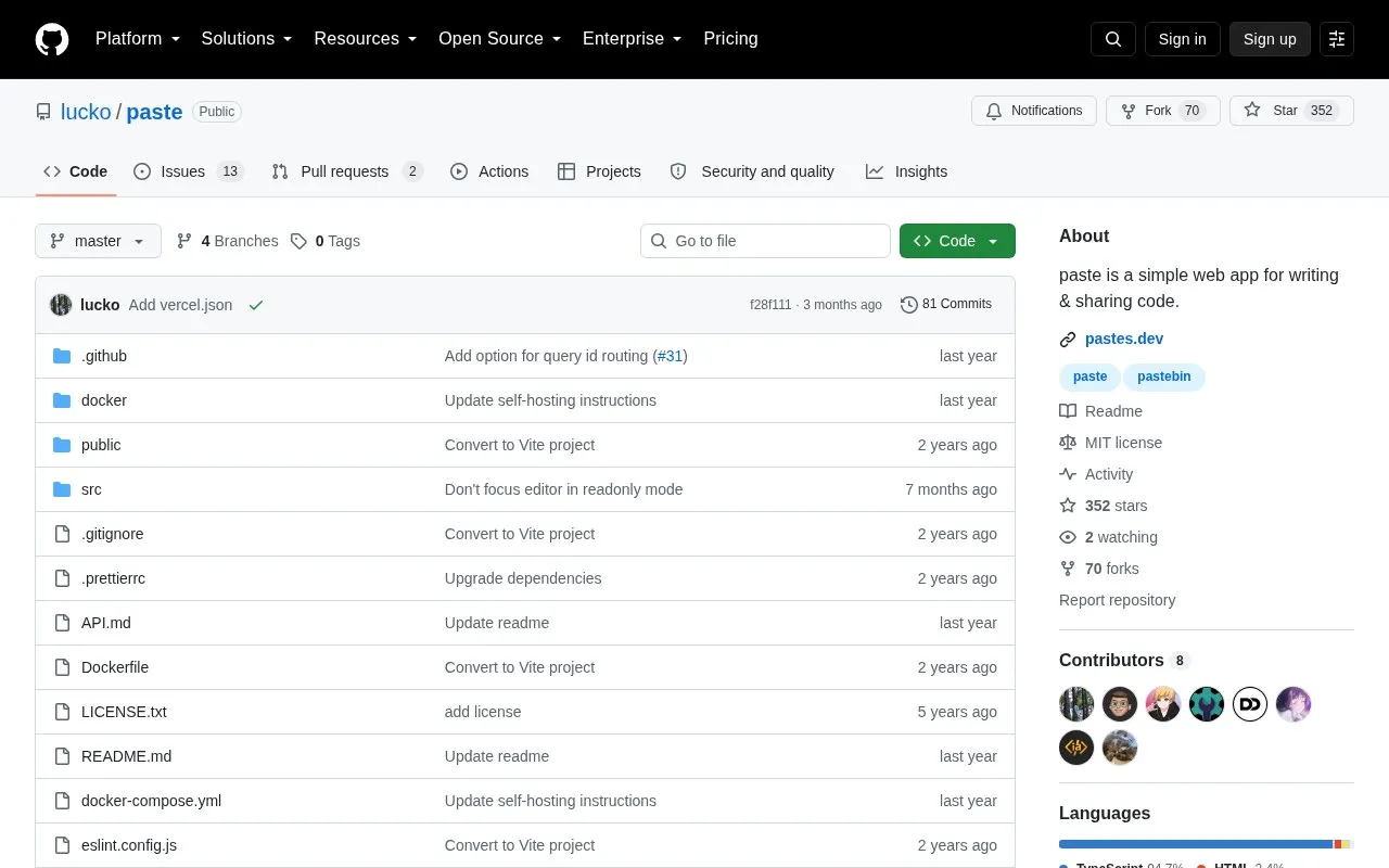 Paste homepage screenshot