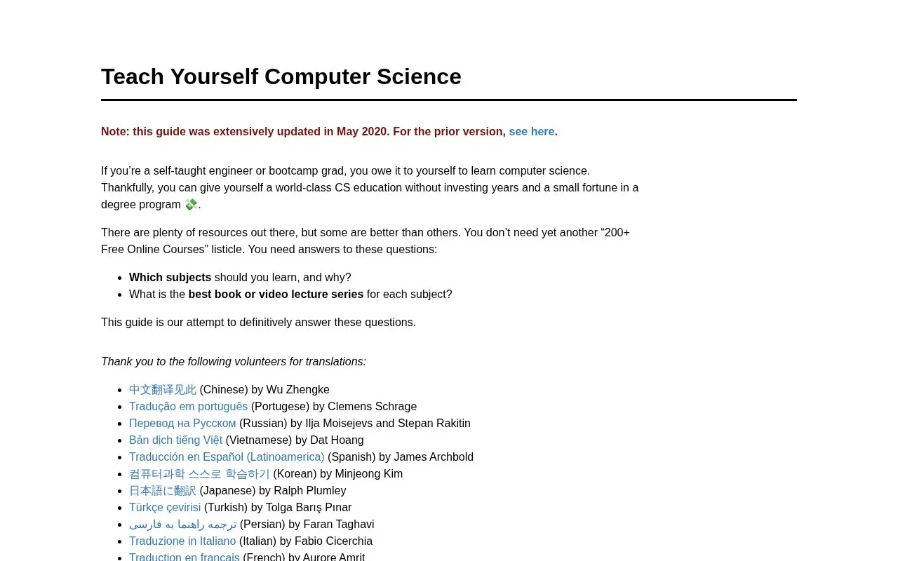 TeachYourselfComputerScience homepage screenshot