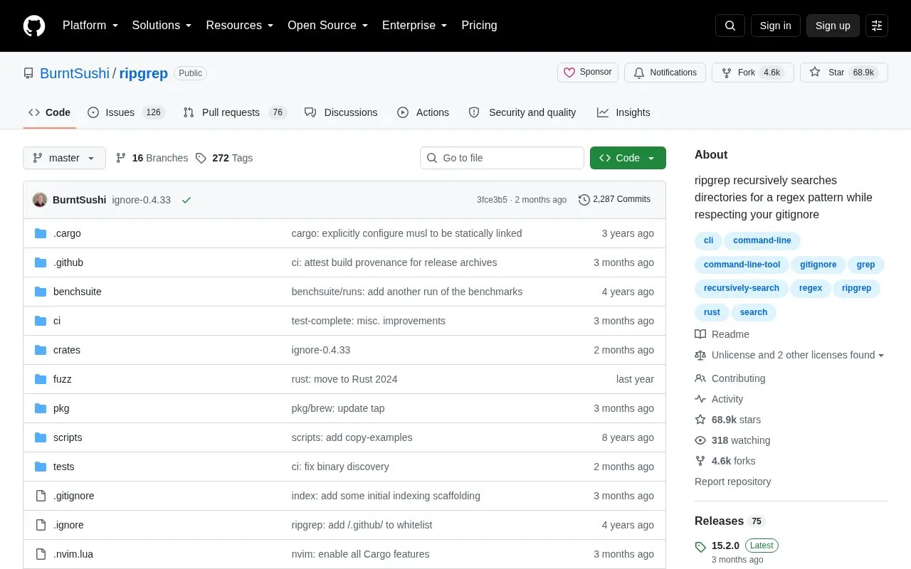 ripgrep homepage screenshot