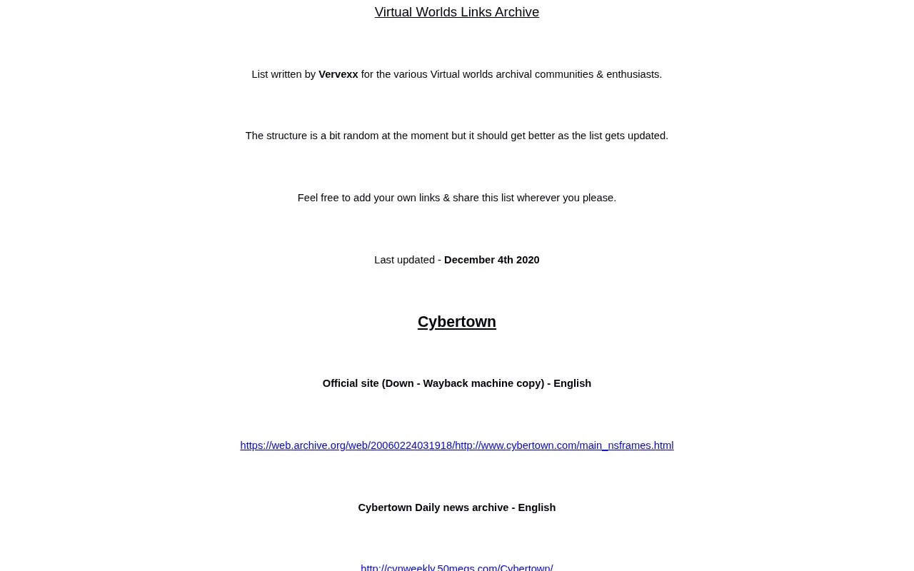 Virtual World List homepage screenshot