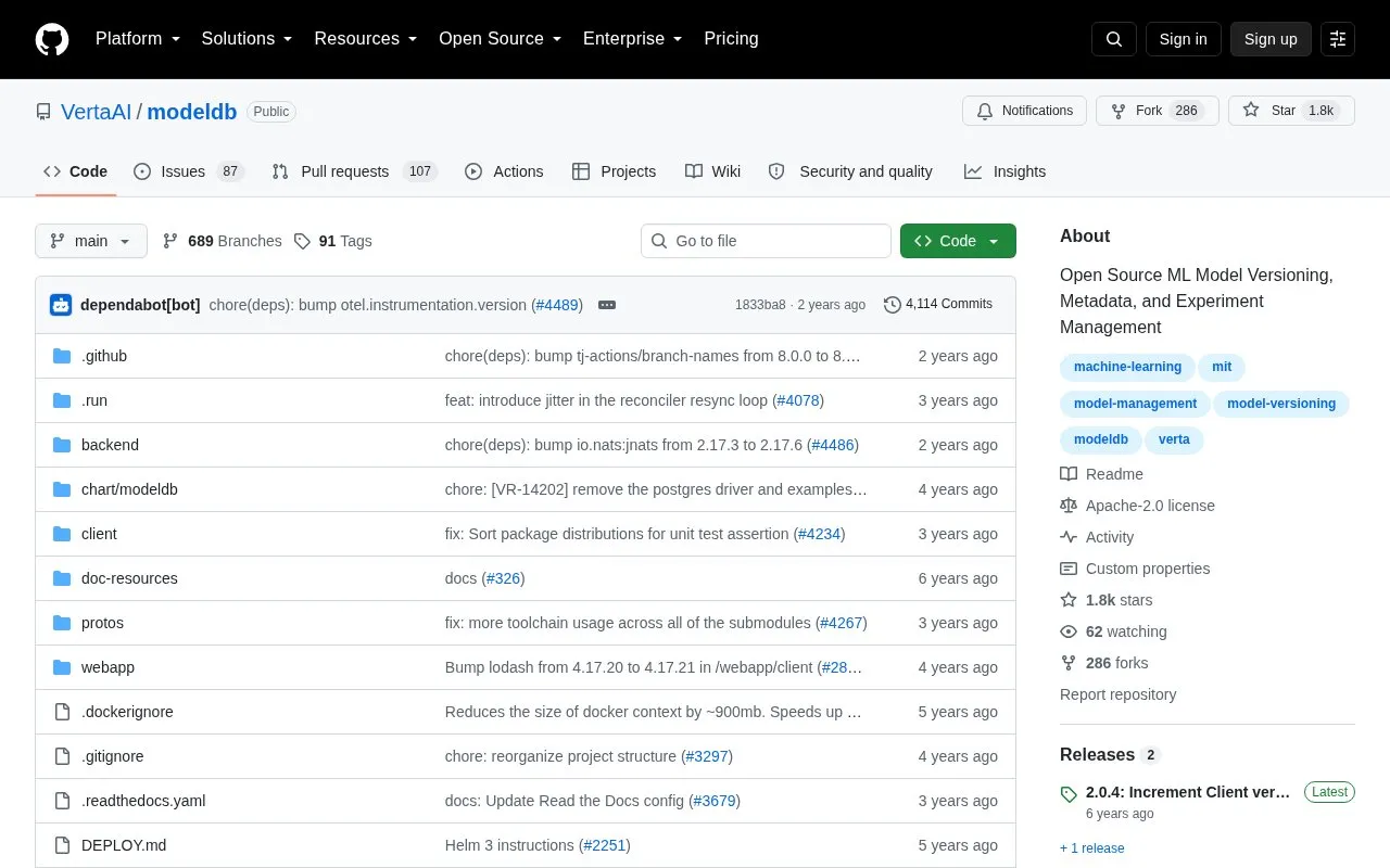 ModelDB homepage screenshot