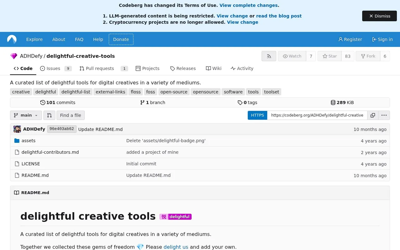 Delightful Creative Tools homepage screenshot