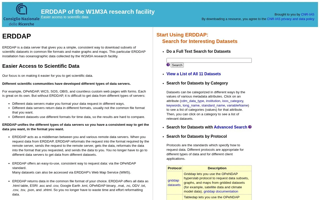 ERDDAP of the W1M3A research facility homepage screenshot