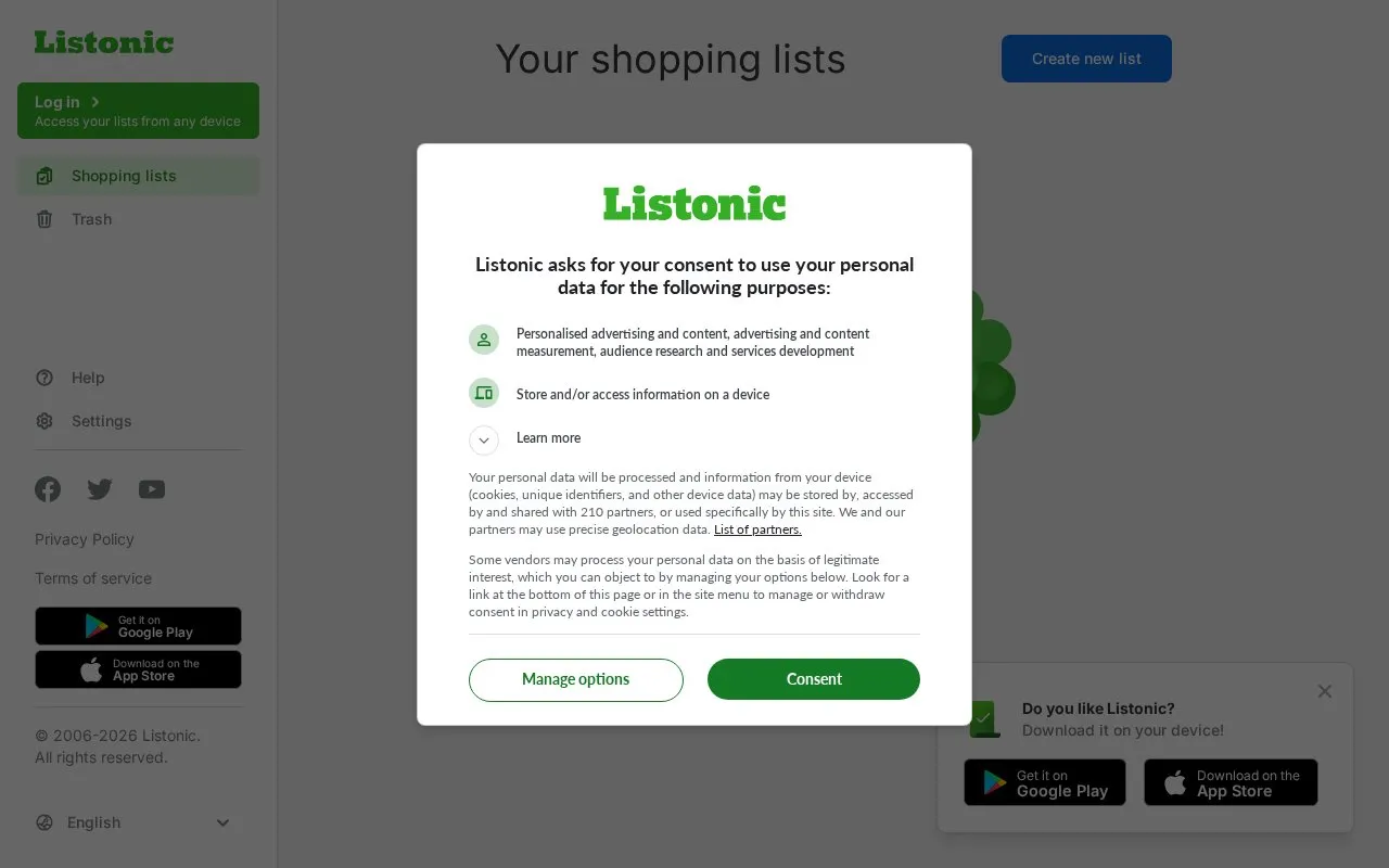 Listonic homepage screenshot