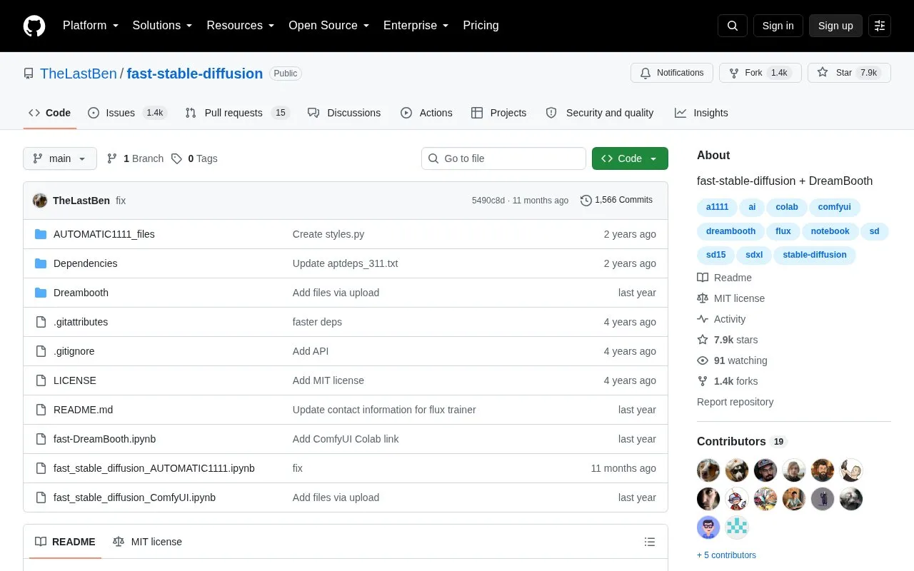 TheLastBen/fast-stable-diffusion homepage screenshot
