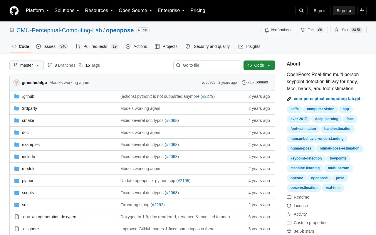 Openpose homepage screenshot