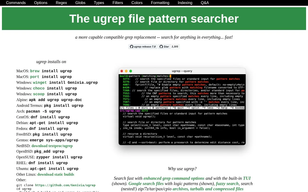 ugrep homepage screenshot