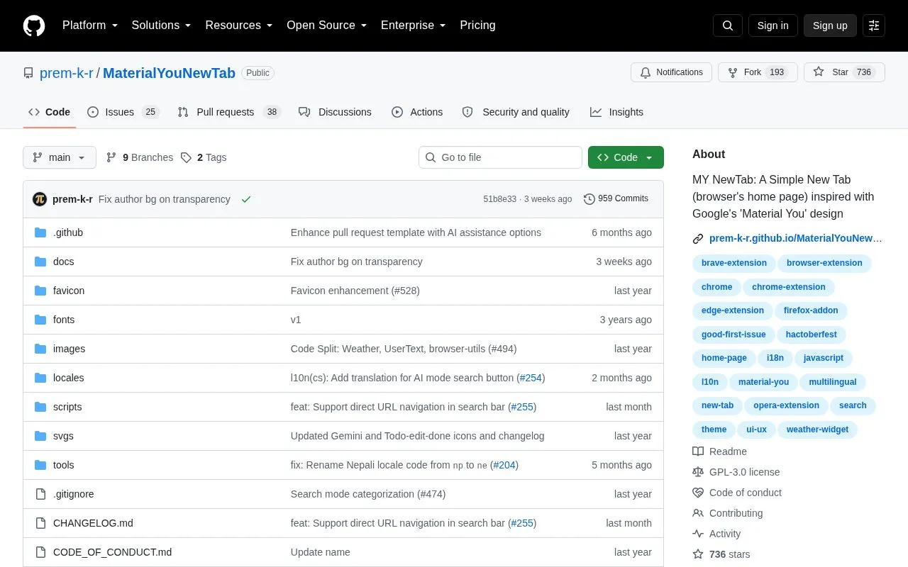 MaterialYouNewTab homepage screenshot