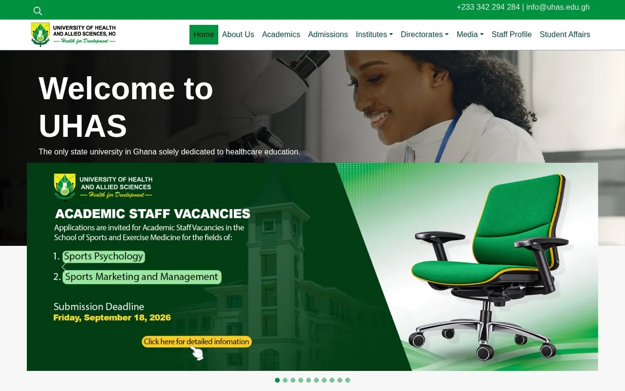 University of Health and Allied Sciences homepage screenshot