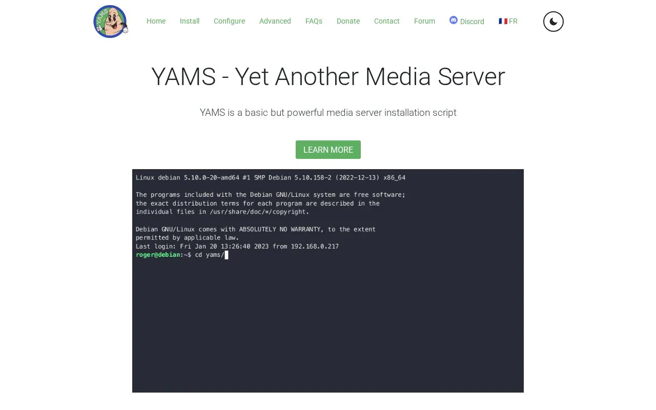YAMS homepage screenshot