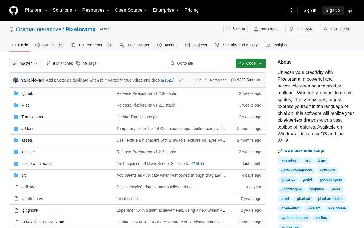Pixelorama homepage screenshot