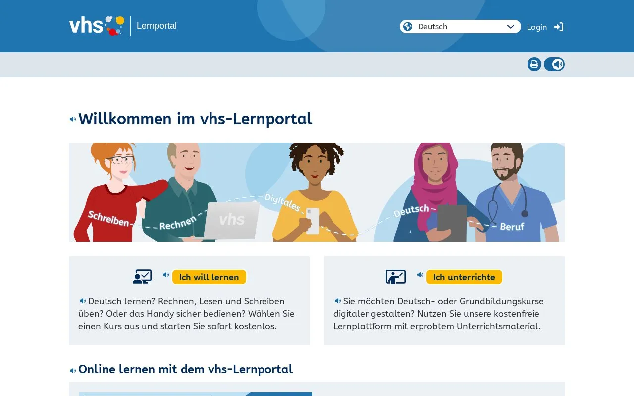 VHS Lernportal homepage screenshot