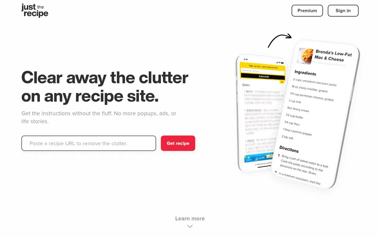 Just the Recipe homepage screenshot