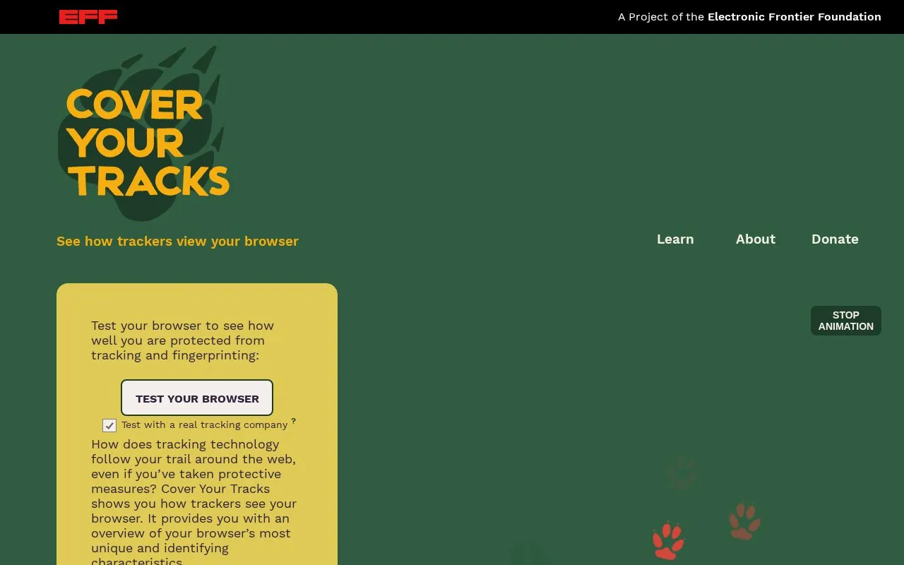 Cover Your Tracks homepage screenshot