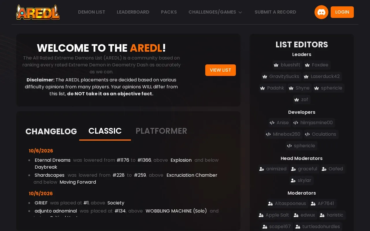 AREDL homepage screenshot