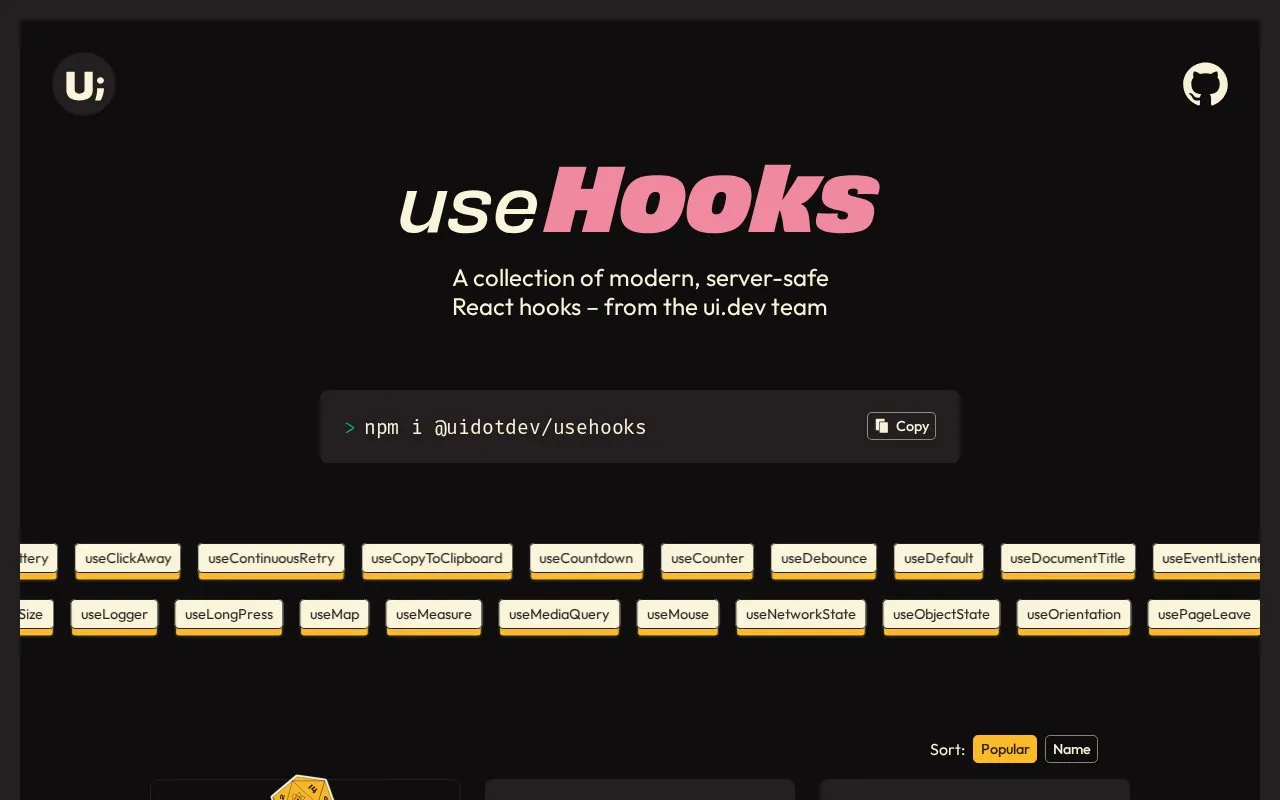 UseHooks homepage screenshot