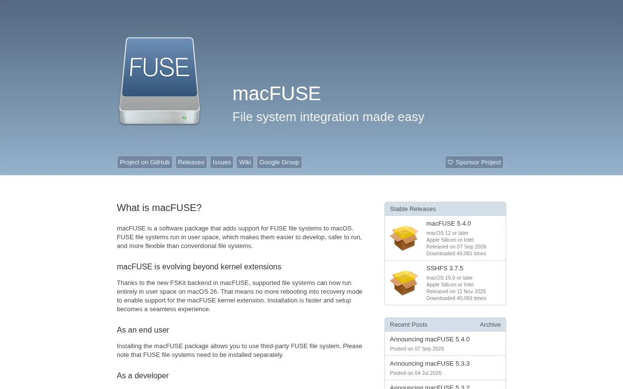 macFUSE homepage screenshot