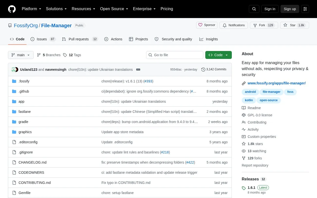 Fossify File Manager homepage screenshot