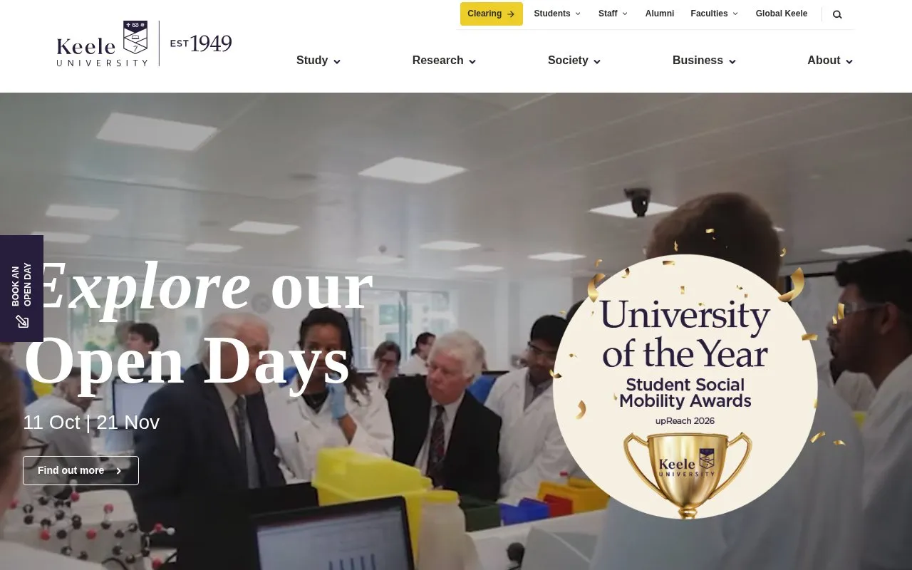 Keele University homepage screenshot