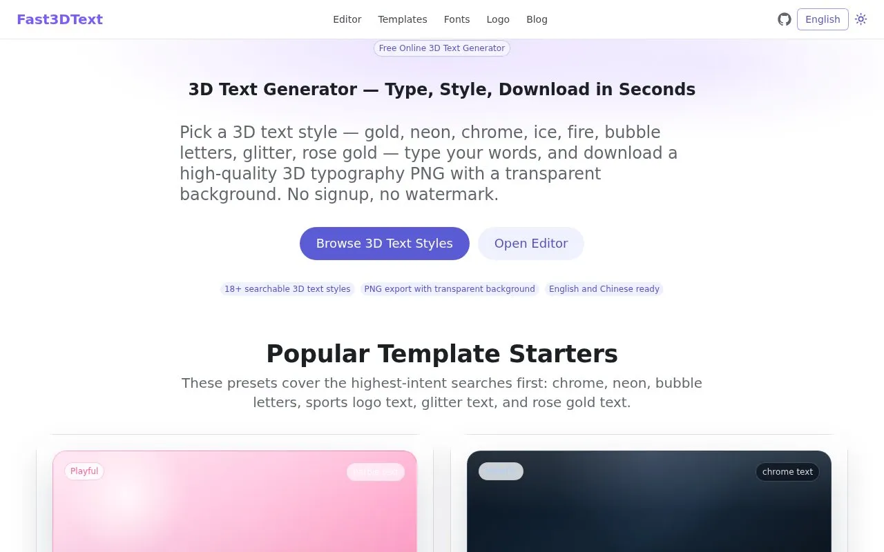Fast3DText homepage screenshot