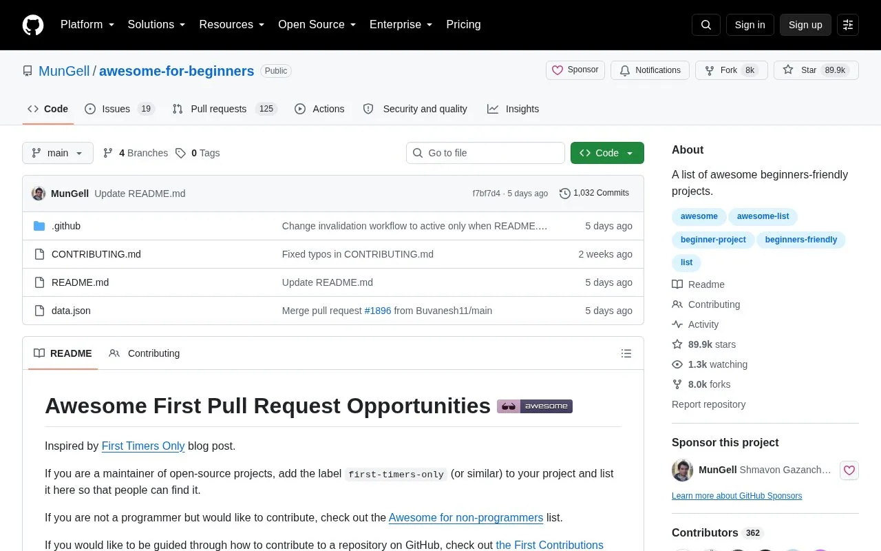 Awesome First PR Opportunities homepage screenshot