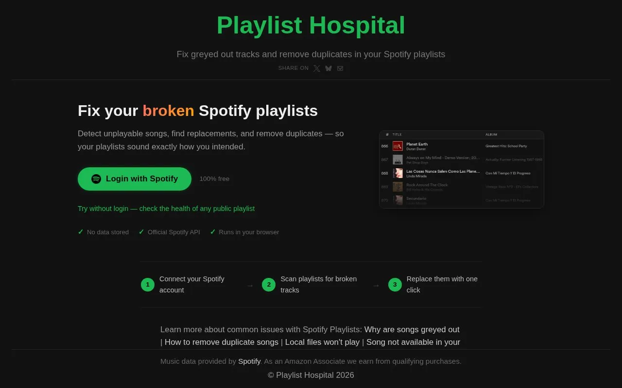Playlist Hospital homepage screenshot