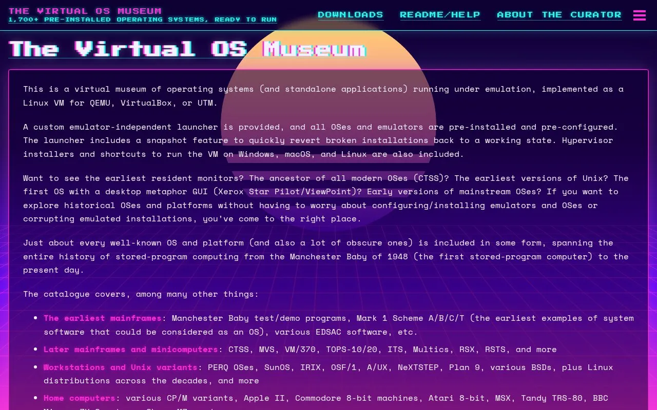 Virtual OS Museum homepage screenshot