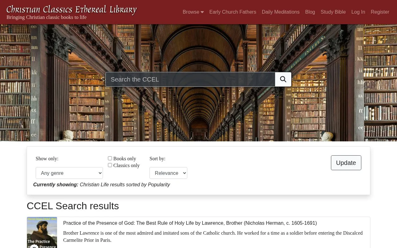 Classics Ethereal Library homepage screenshot
