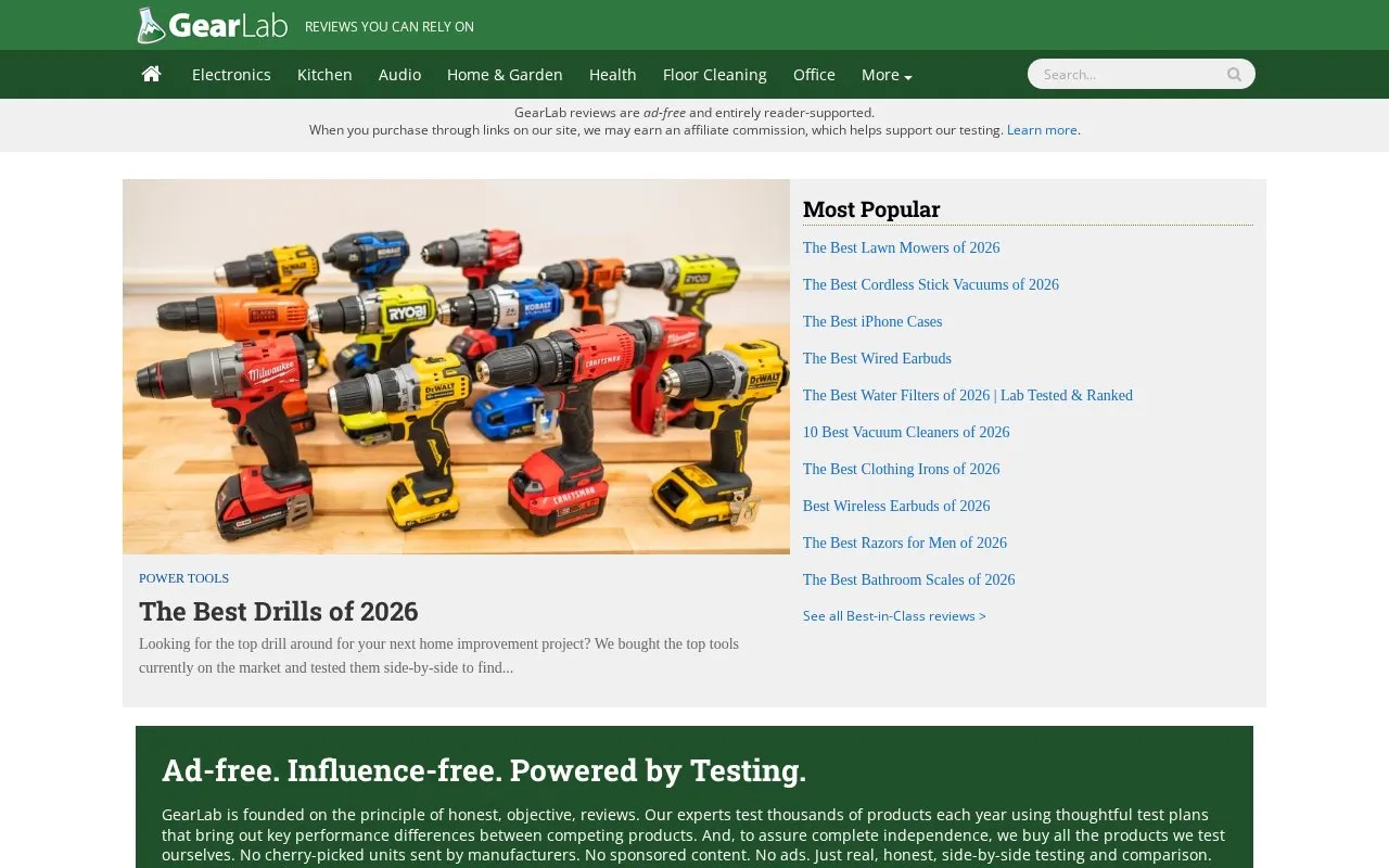 TechGearLab homepage screenshot